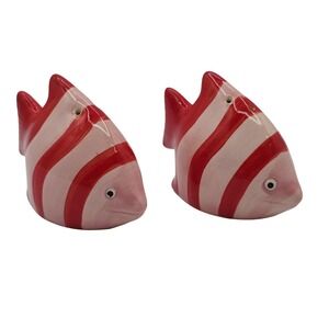 Vtg Striped Fish Salt & Pepper Shakers Ceramic Set Pink Red Modern Kitchen Decor